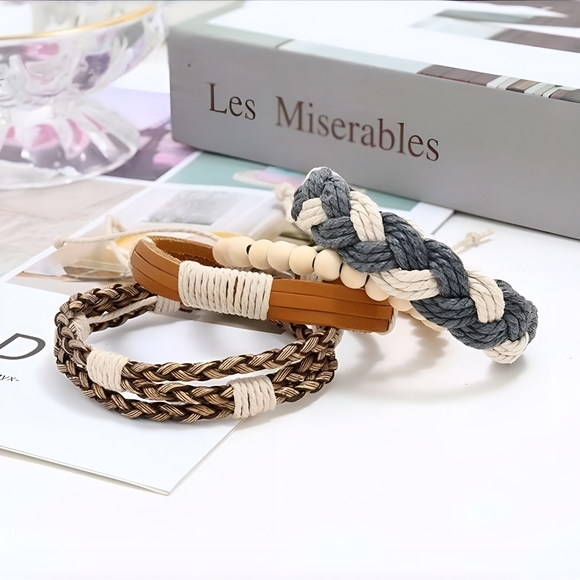 4 Piece Boho Braided Leather Beaded Bracelets - Picture 3 of 5